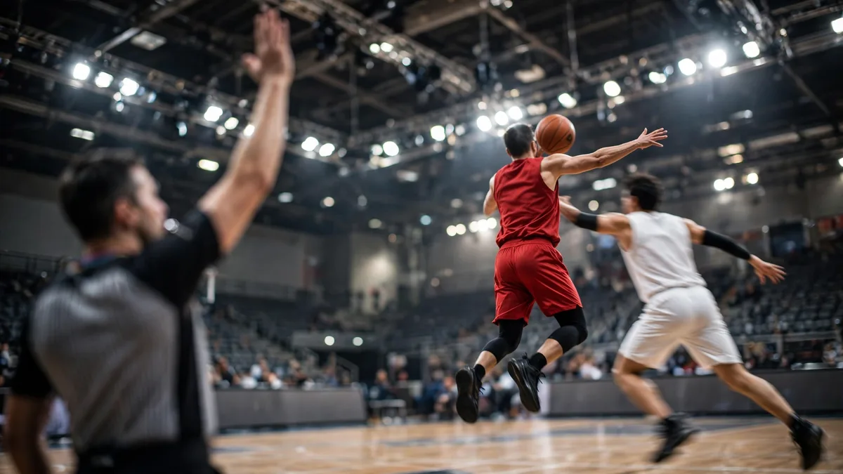 Basketball player in a plain red jersey extending his off arm against a defender as a referee signals an offensive foul in an arena, editorial graphic