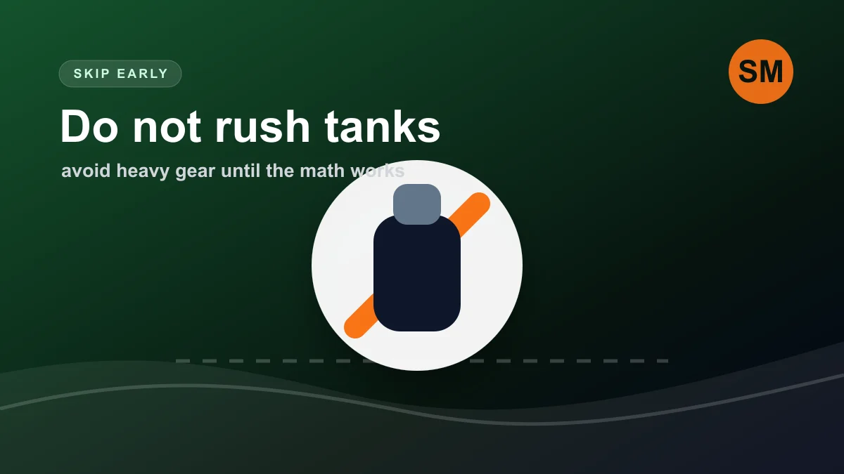SportsMonkie illustration warning beginners not to rush into tanks and heavy scuba gear