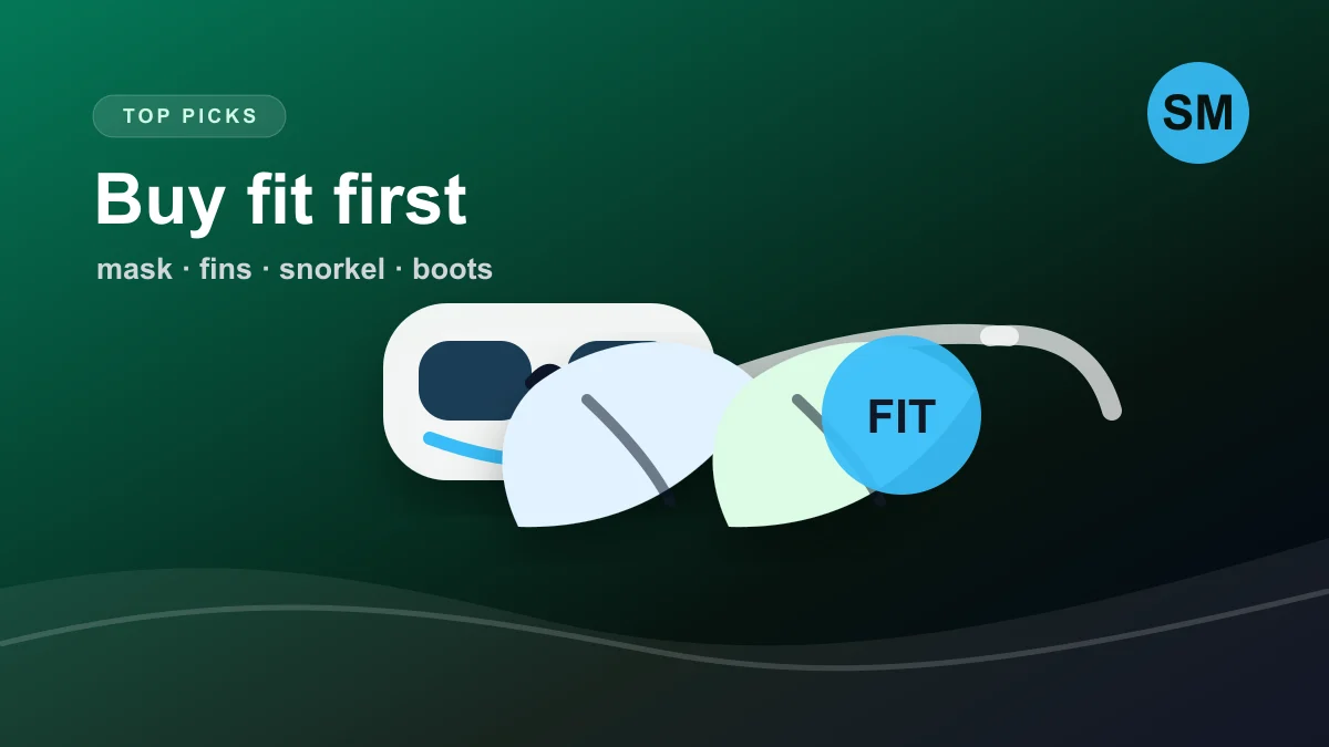 SportsMonkie illustration of beginner scuba top picks: mask, fins, snorkel and boots