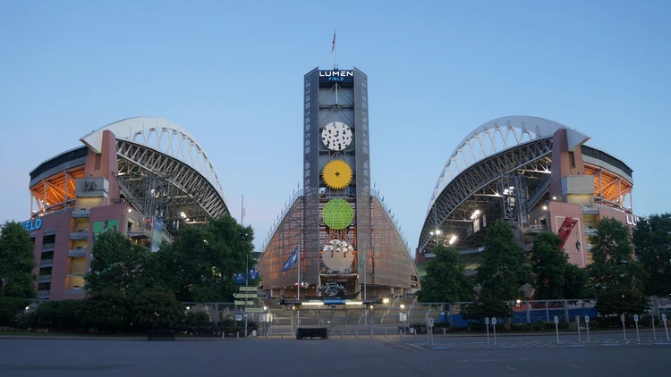 File photo from 25 June 2022: Lumen Field in Seattle at dusk, the Seahawks' home stadium. It was not taken during Sunday's game against Kansas City.