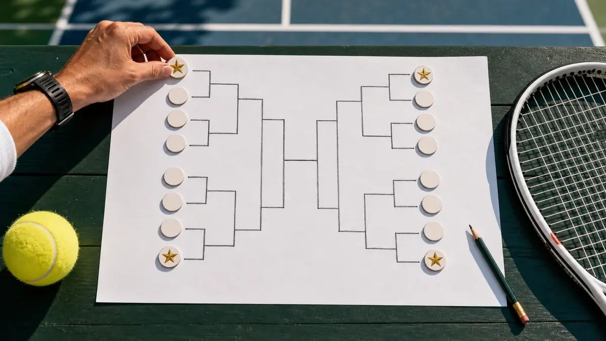 A hand-sketched tournament draw bracket on paper beside a tennis ball and racket, natural light
