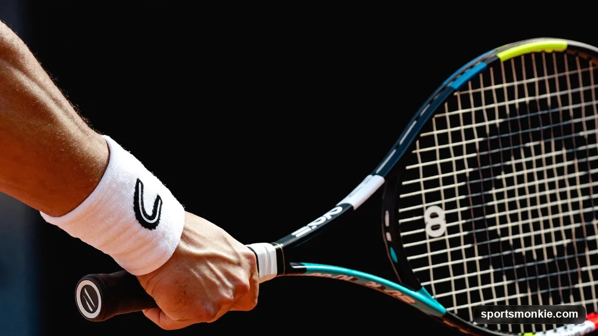 A player's hand holding a tennis racket with the index knuckle on bevel 4 for a semi-western forehand grip