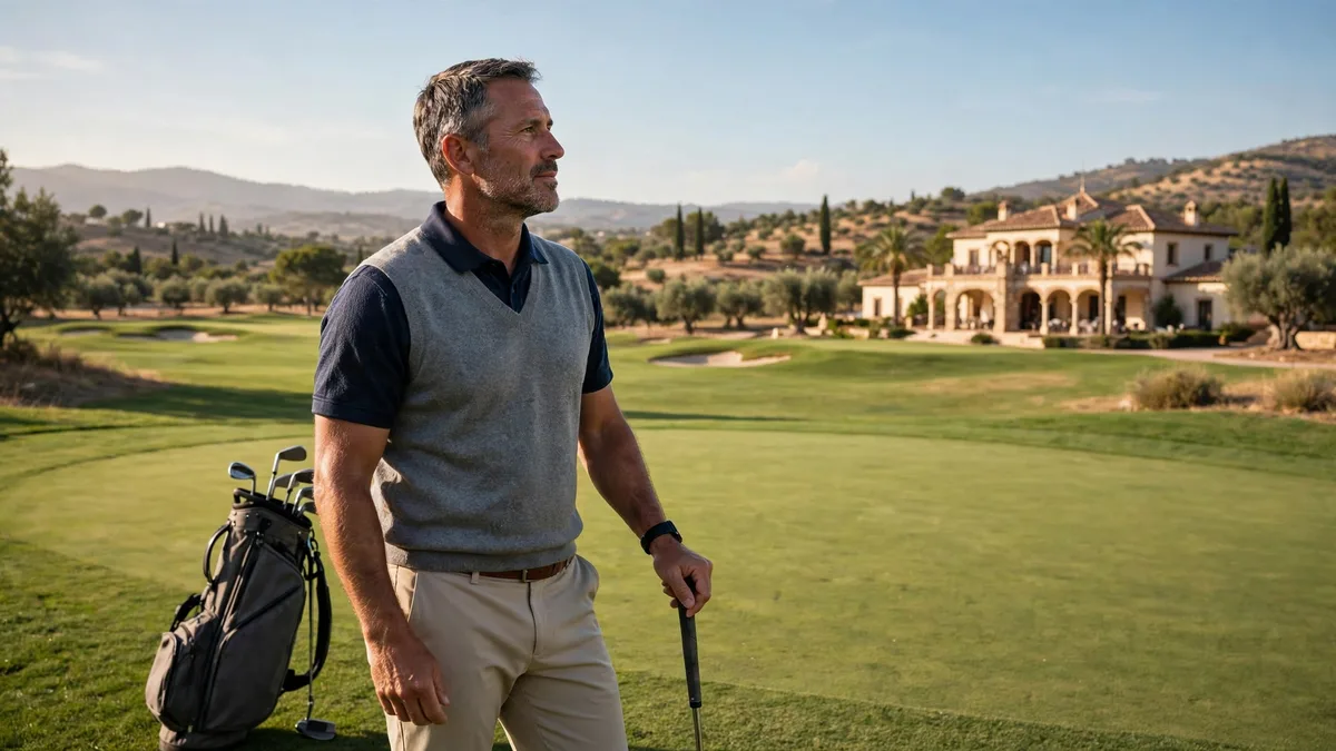 A generic veteran golfer standing on a sunlit Spanish golf course with his bag beside him, looking toward the clubhouse, editorial graphic