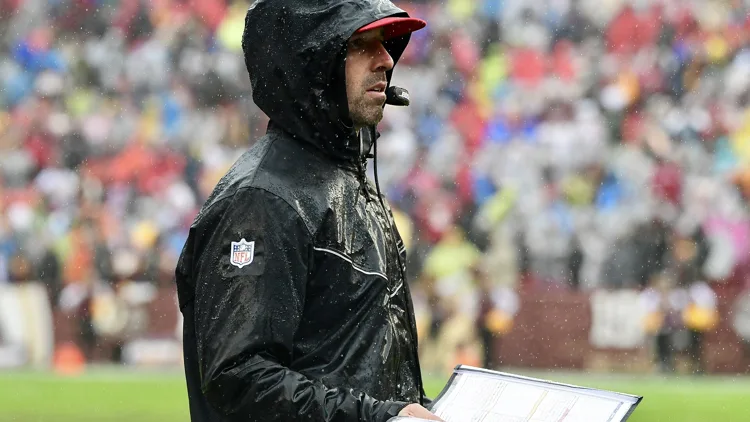 File photo from October 20, 2019: San Francisco head coach Kyle Shanahan on the sideline during the 2019 season. It does not show Monday's game against Washington or Wednesday's press conference, where he explained Brock Purdy's viral yell. The cropped 16:9 derivative is offered under the same CC BY-SA 2.0 licence as the original.