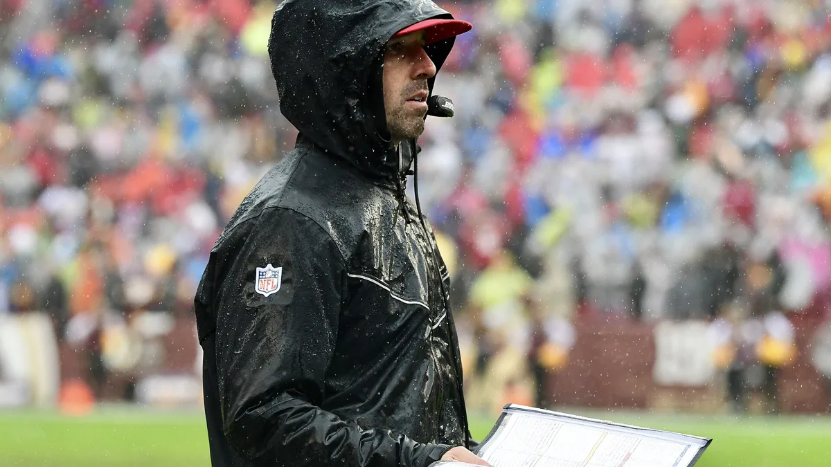 File photo from October 20, 2019: San Francisco head coach Kyle Shanahan on the sideline during the 2019 season. It does not show Monday's game against Washington or Wednesday's press conference, where he explained Brock Purdy's viral yell. The cropped 16:9 derivative is offered under the same CC BY-SA 2.0 licence as the original.