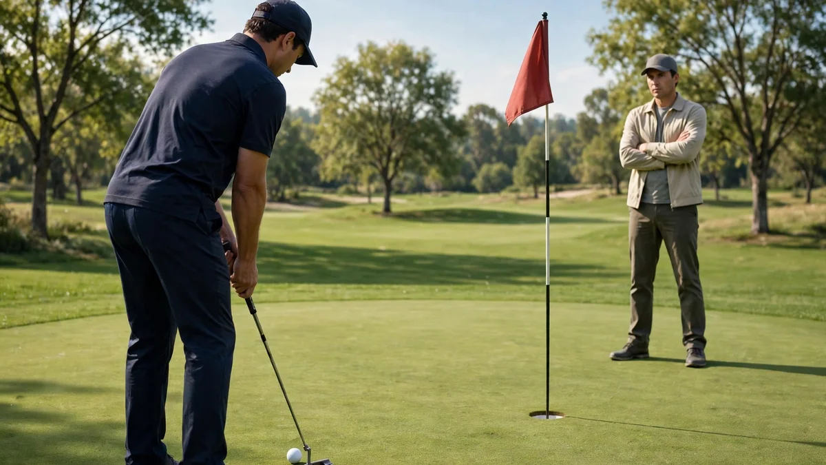 AI-generated illustration: a golfer stands over a short putt on a green while another golfer watches with arms crossed. It does not show SGK or any real person, and it is not a photograph of the Internet Invitational.