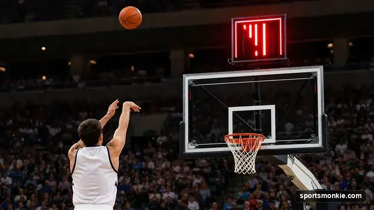 A basketball shot clock counting down above the court