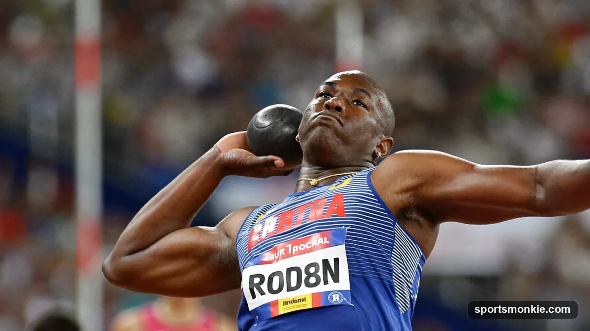 Track and field athlete in the glide shot put technique pushing the shot from the shoulder inside the throwing circle