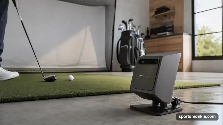 Shot Scope LM1 launch monitor on a driving range mat displaying ball speed and carry distance