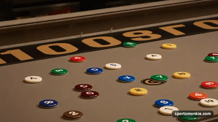 Shuffleboard rules for table and deck versions showing scoring zones and court layout
