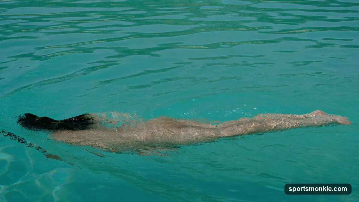 Swimmer performing sidestroke on their side with one arm extended and legs in scissor kick position