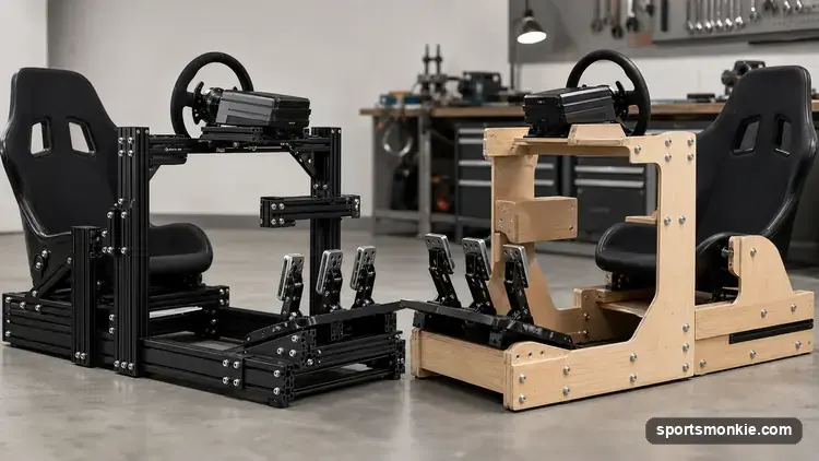 Split comparison of an aluminum extrusion sim racing rig and a DIY wood-frame sim racing rig side by side