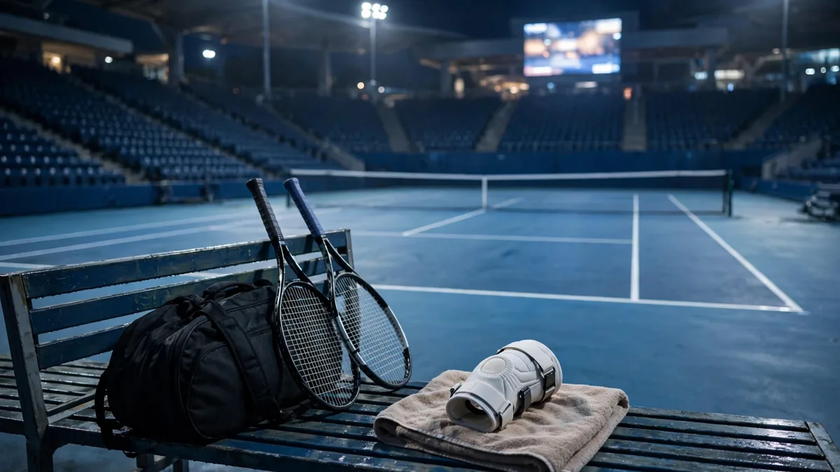 An empty player bench at a floodlit hard-court stadium at night with an unused tennis bag, two rackets and a knee brace on a folded towel, editorial graphic