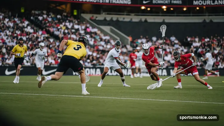 Lacrosse players competing on a compact sixes field in a packed arena