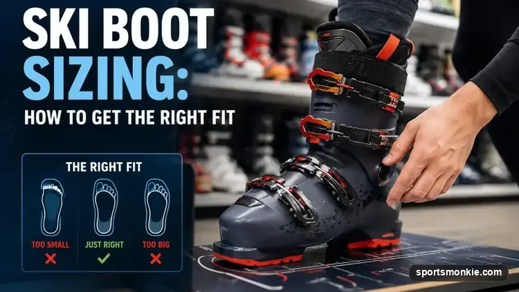 A pair of alpine ski boots being fitted, with a bootfitter checking heel hold and toe room