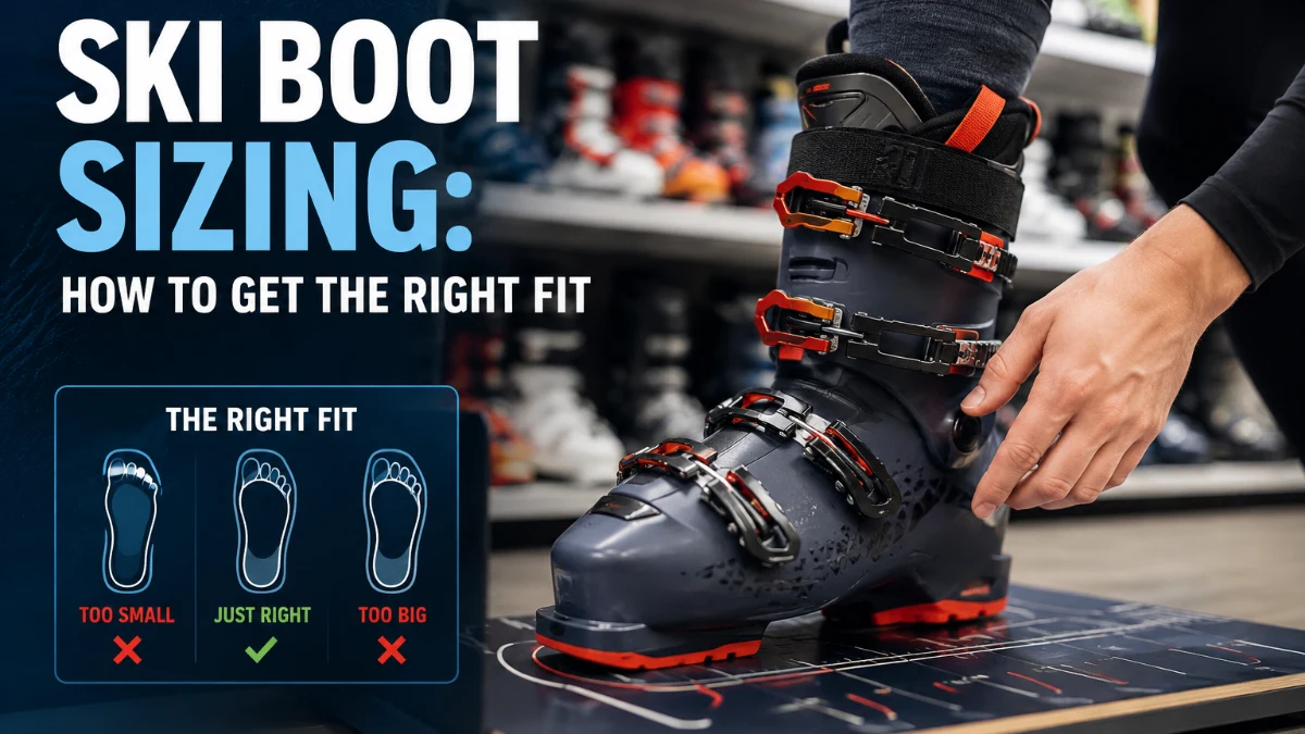 A pair of alpine ski boots being fitted, with a bootfitter checking heel hold and toe room