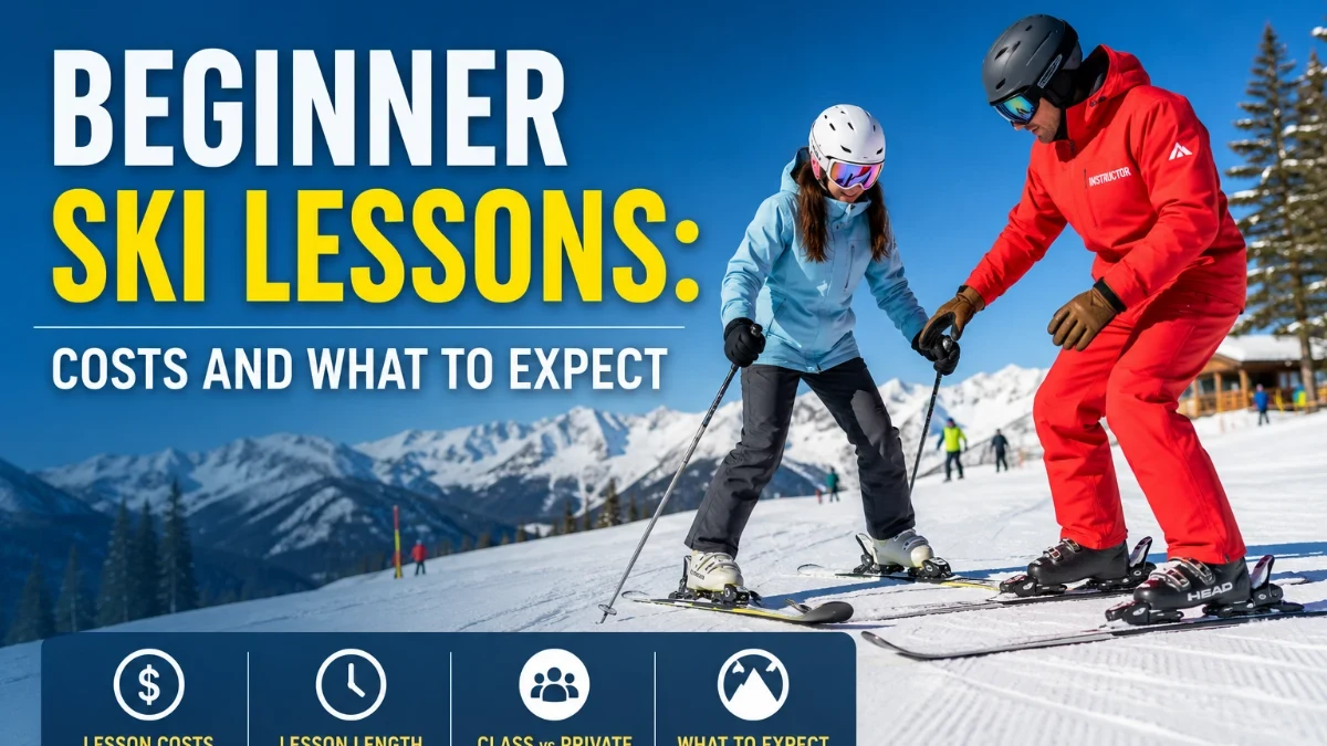 Beginner skier in a group ski lesson practising the wedge stop on a gentle green run