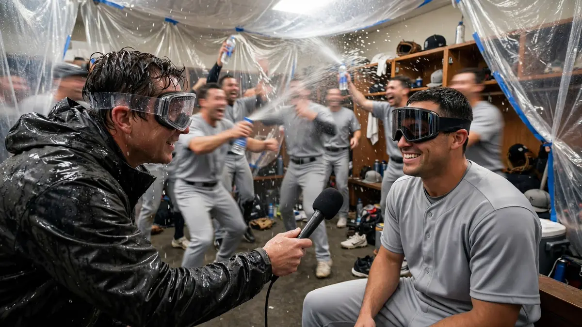 A generic pitcher in a plain grey road uniform and ski goggles being interviewed in a plastic-sheeted clubhouse while a soaked reporter in goggles holds a microphone and teammates celebrate behind them, editorial graphic