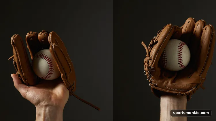Split-screen diagram comparing a slider grip and pitch path against a curveball grip and pitch path