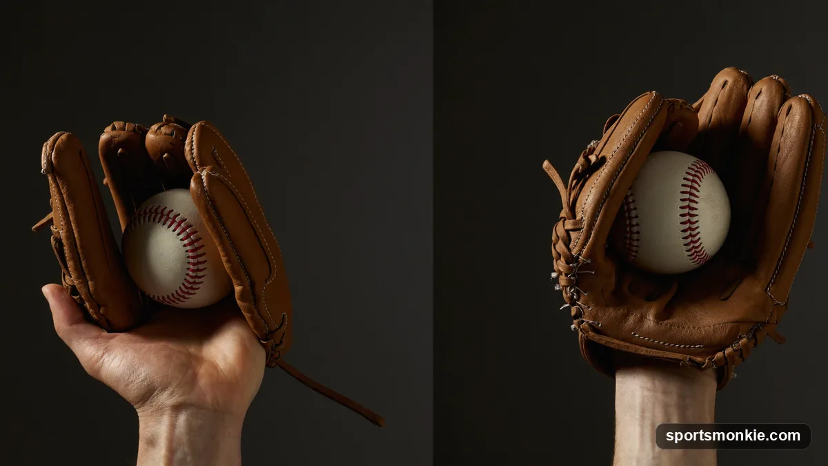Split-screen diagram comparing a slider grip and pitch path against a curveball grip and pitch path
