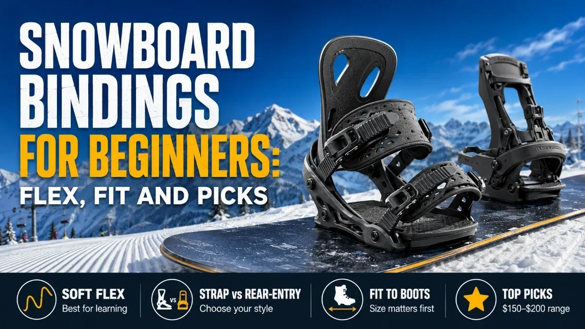 Beginner snowboard bindings with soft flex and adjustable straps mounted on a board