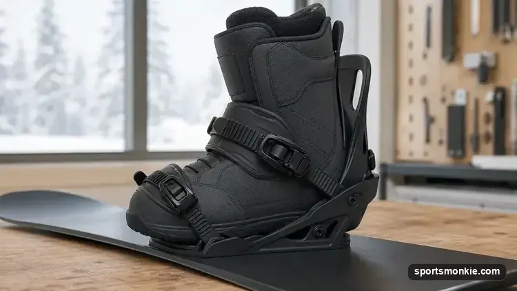 Snowboard bindings size guide showing a boot seated in a binding on a board