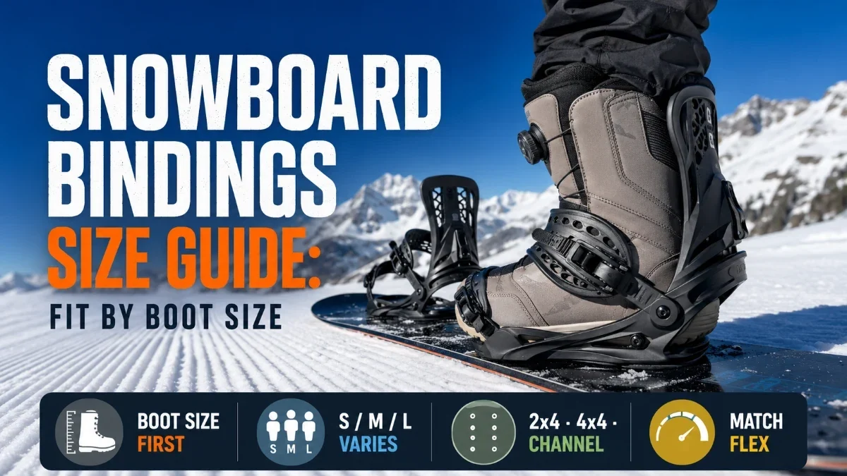 Snowboard bindings size guide showing a boot seated in a binding on a board