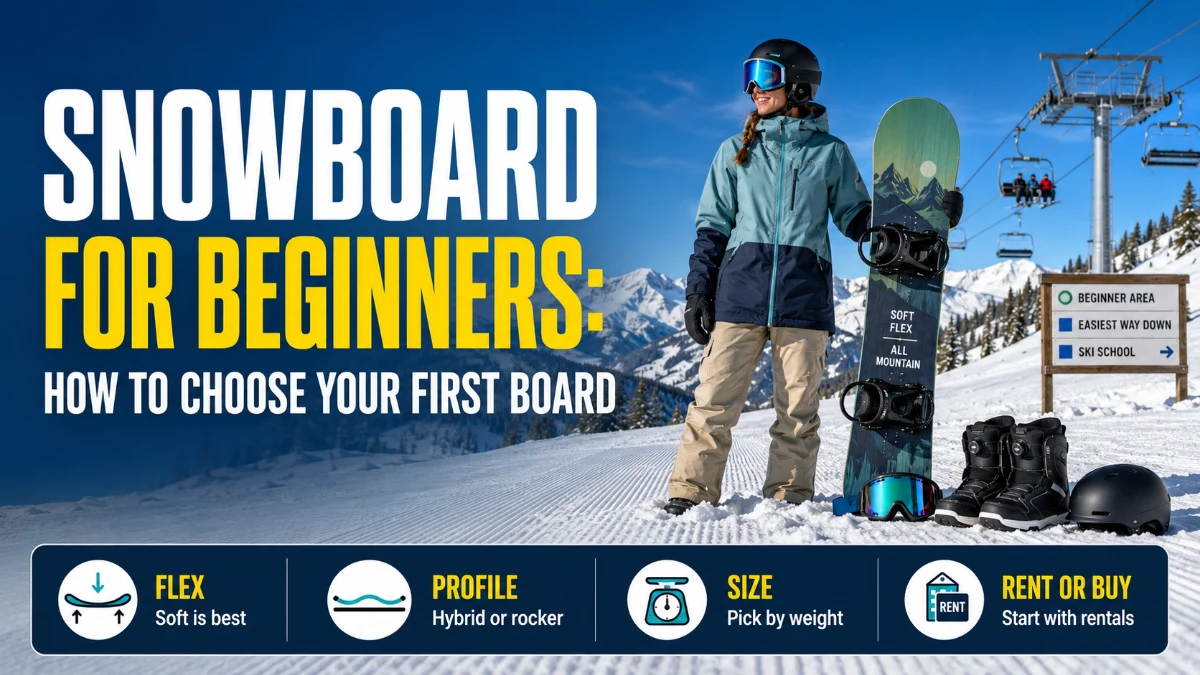 A soft-flexing all-mountain beginner snowboard standing upright in fresh snow