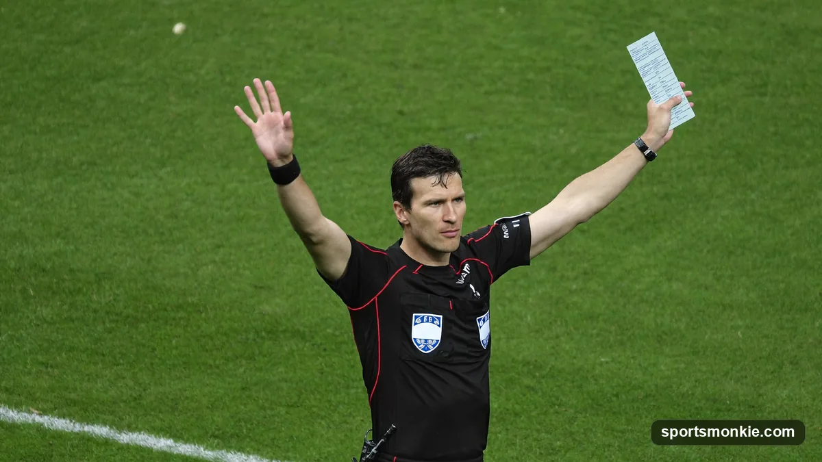 Diagram-style graphic of a soccer referee demonstrating hand signals for free kicks, penalty, and cards