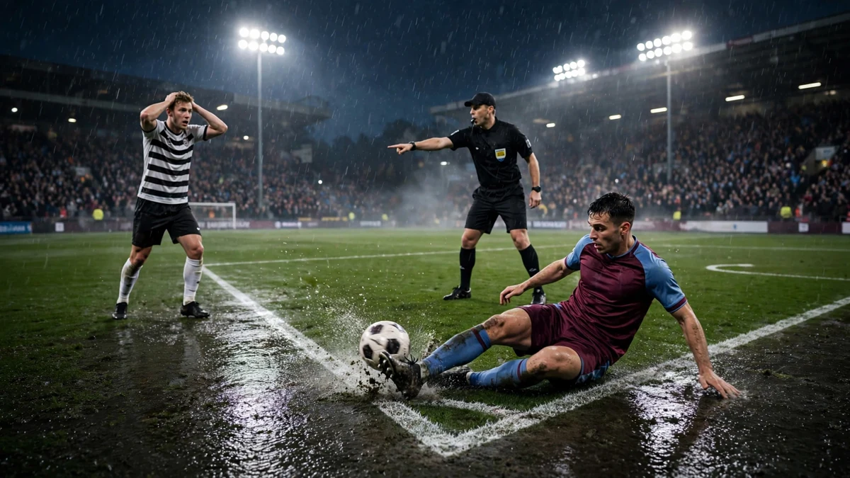 A generic footballer in a plain claret-and-blue kit sliding in to win the ball at the edge of the penalty box on a rainy night pitch while a referee points to the penalty spot and an opponent holds his head, editorial graphic