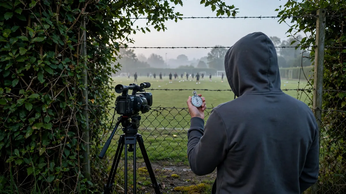 A generic analyst in a hooded tracksuit filming a distant football training session through a hedge and wire fence with a tripod camera and stopwatch, editorial graphic