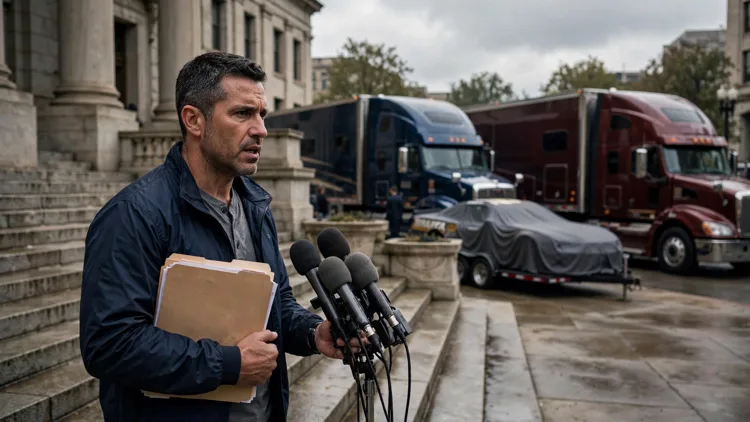 A generic race team owner holding legal folders and speaking into microphones on courthouse steps, with two rival team haulers and a covered race car behind him, editorial graphic