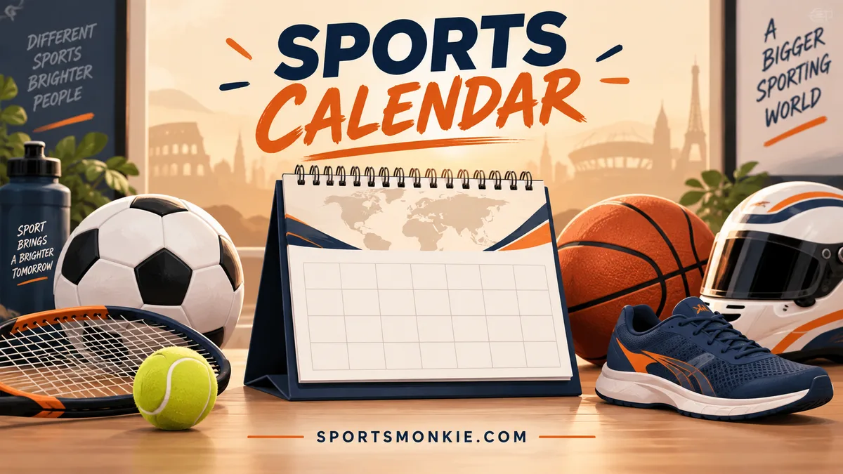 Illustrated sports calendar with a globe, football, tennis racket, basketball, running shoe and racing helmet