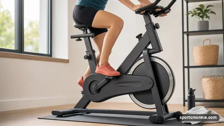 Beginner adjusting the seat height on a stationary bike at home next to a studio spin class in session