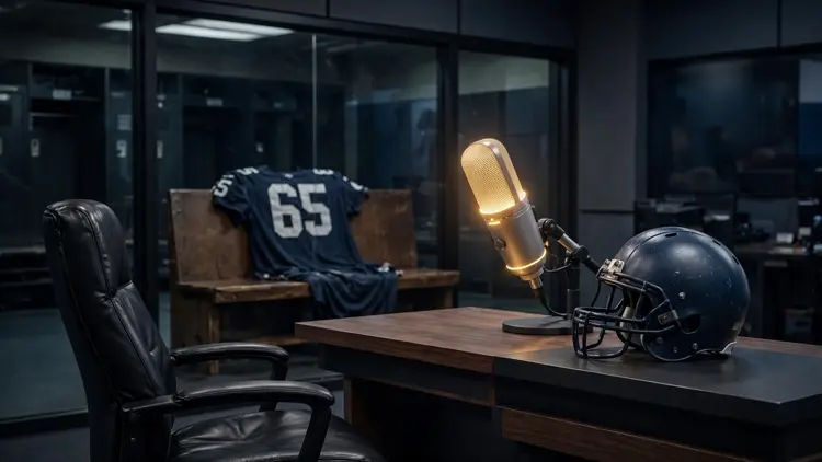 A glowing studio microphone and a football helmet on a broadcast desk with a number 65 jersey draped over a locker-room bench behind glass, editorial graphic