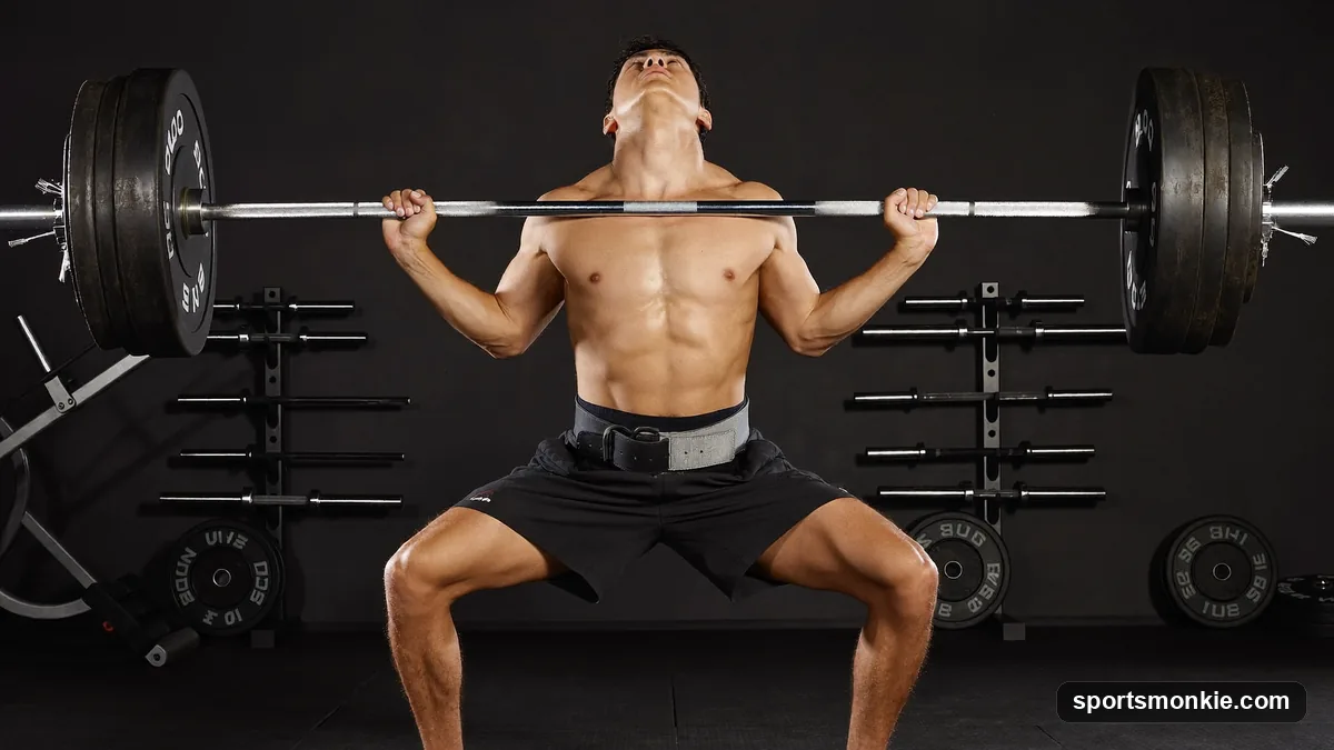 A lifter demonstrating sumo deadlift form with a wide stance, toes turned out, and hands gripping inside the knees