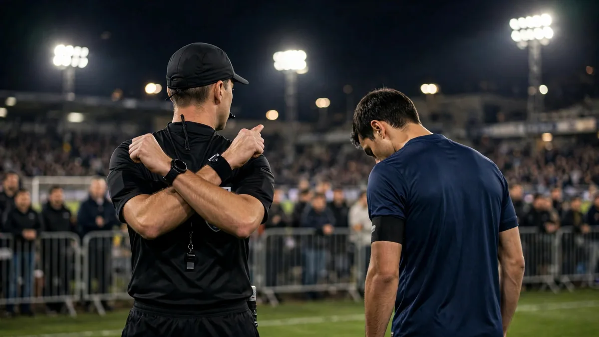 A referee holding crossed forearms in the anti-racism gesture beside a team captain with his head bowed in a floodlit stadium at night, editorial graphic