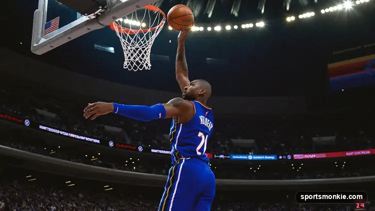 A very tall basketball player reaching up toward the rim on an indoor court