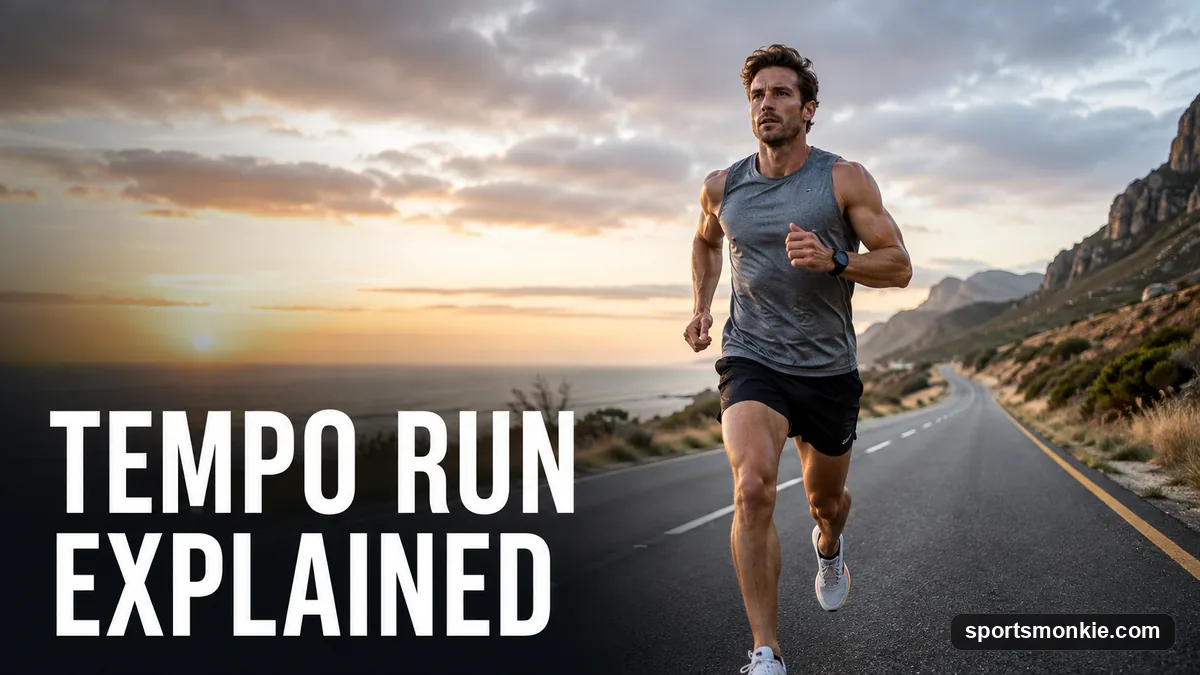 A runner holding a steady comfortably-hard tempo pace on a road at sunrise