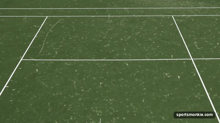 Diagram of a tennis court with the baseline, sidelines, service line, centre service line and centre mark labelled