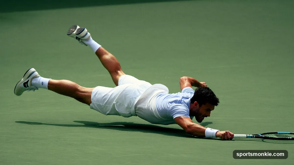 A tennis player performing a split-step at the baseline during a footwork drill