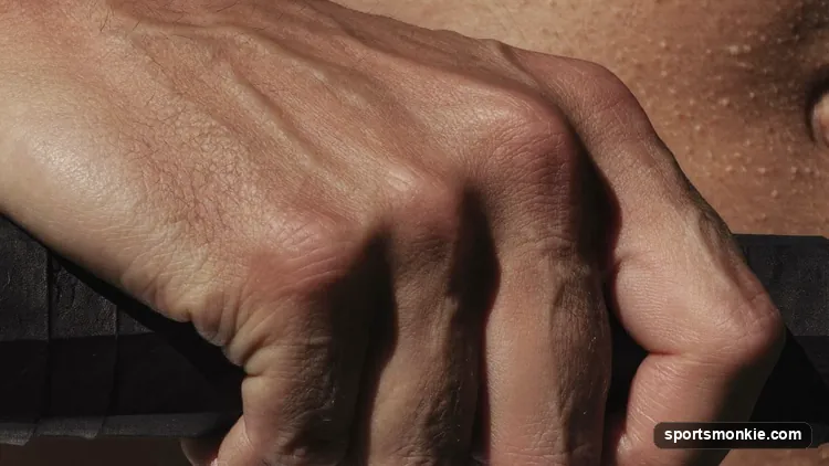 A hand holding a tennis racket handle with an index finger measuring the grip size gap