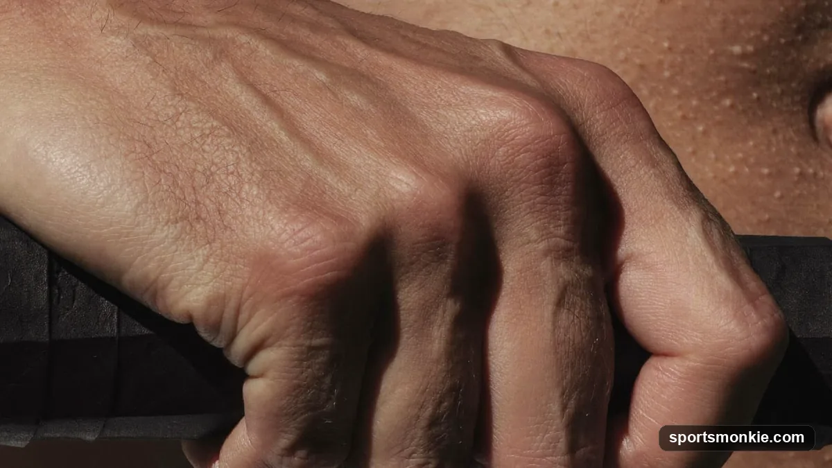 A hand holding a tennis racket handle with an index finger measuring the grip size gap