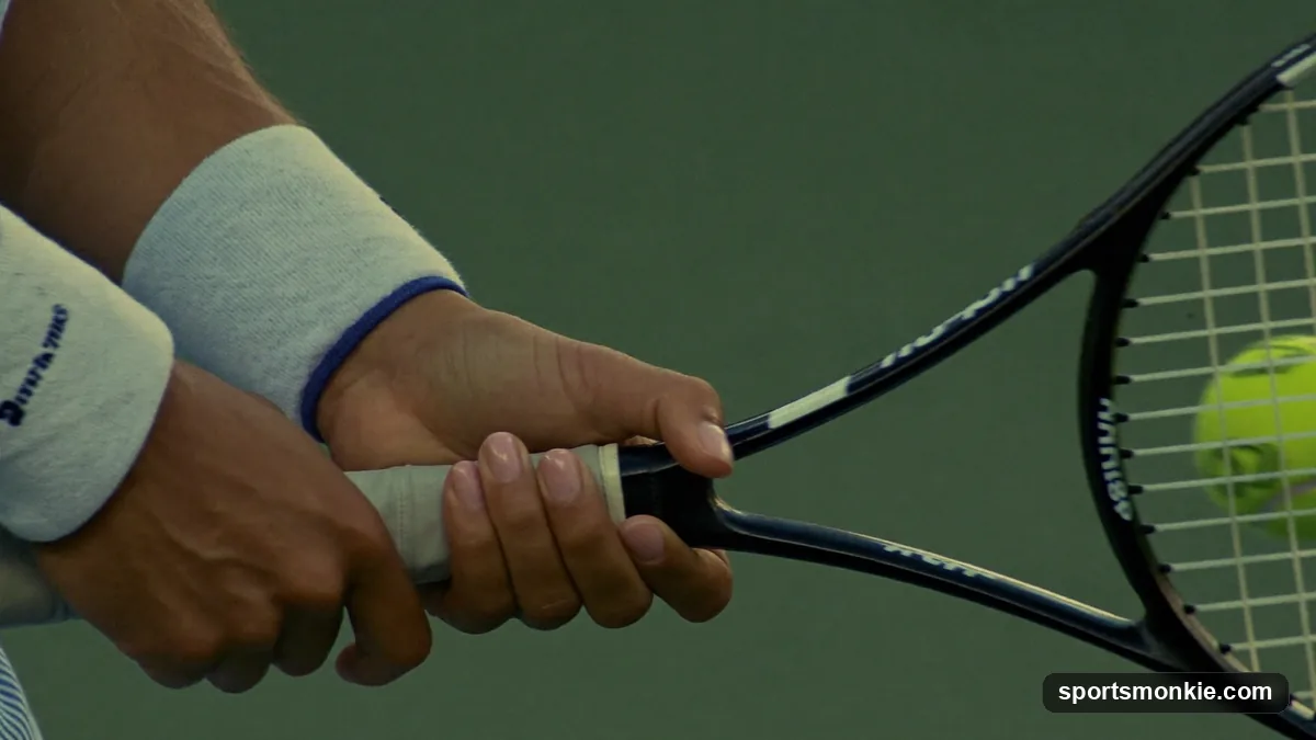 A tennis player's hand demonstrating the continental grip on the numbered handle bevels