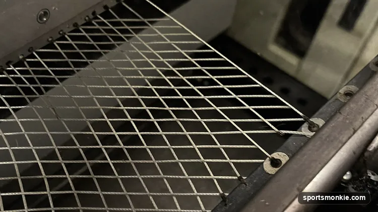 Close-up of a tennis racket string bed being tightened on a stringing machine, showing the crossed main and cross strings