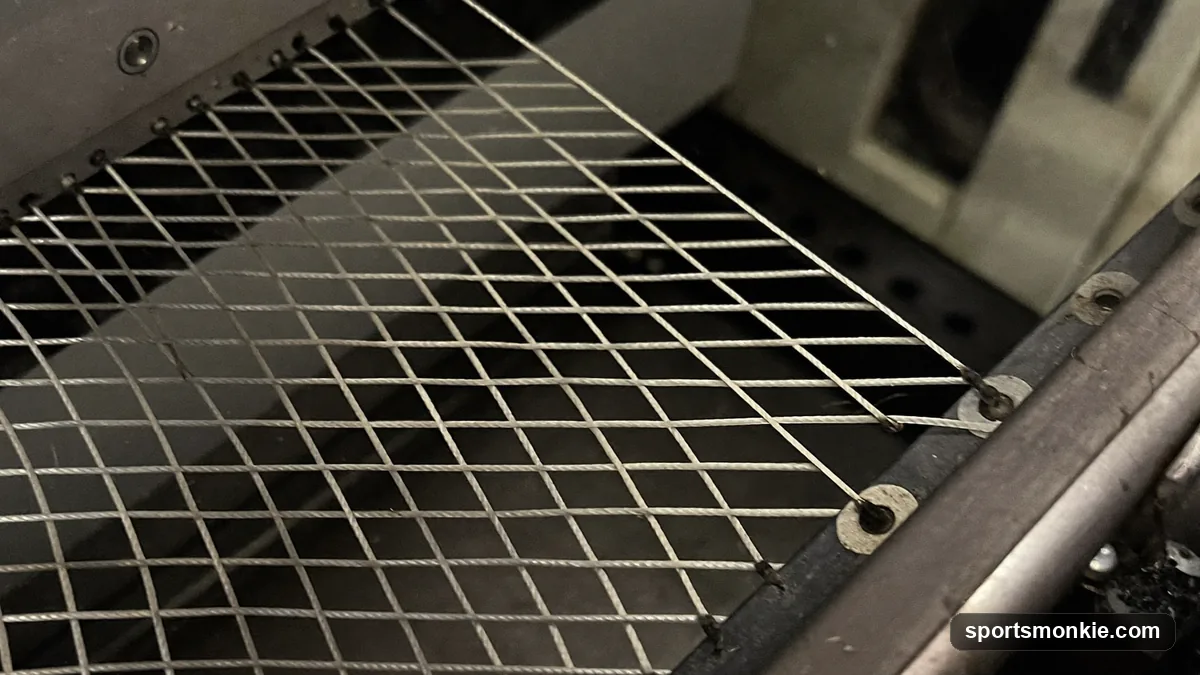 Close-up of a tennis racket string bed being tightened on a stringing machine, showing the crossed main and cross strings