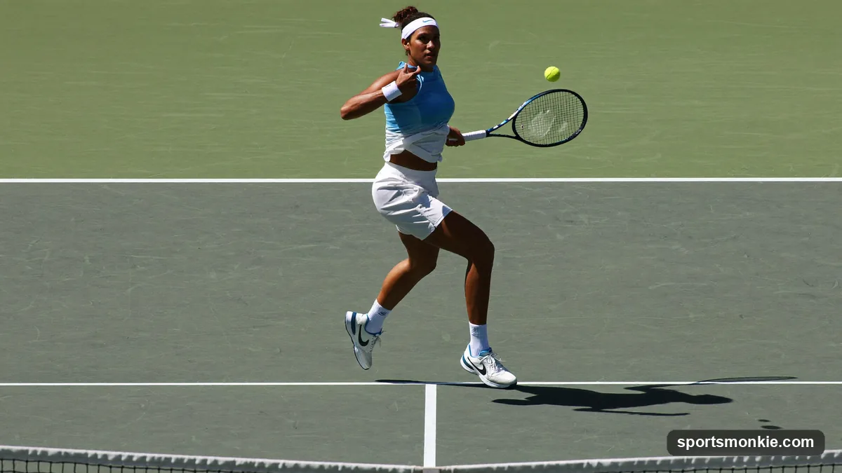 Tennis player at the net punching a forehand volley with a continental grip, racket head up and contact out in front