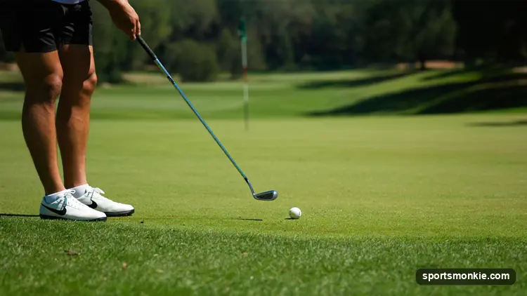 A golfer putting from the fringe just off the green on a firm, sunlit course