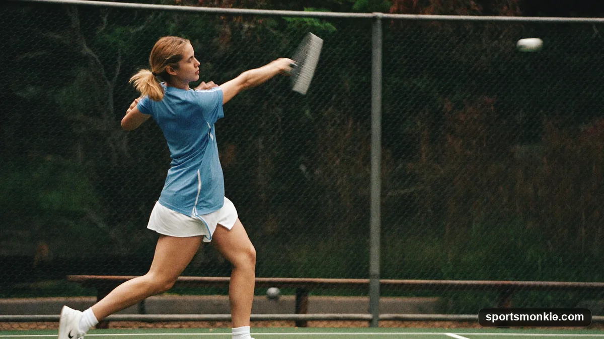 A pickleball player hitting a soft third-shot drop from the baseline toward the kitchen