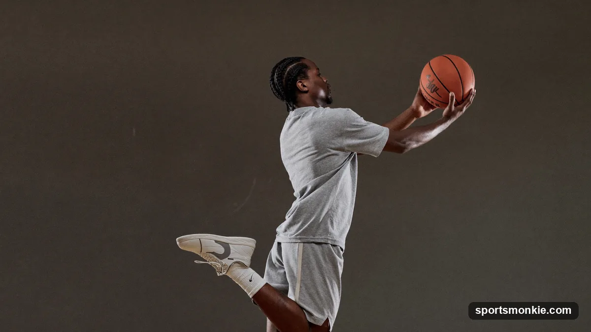Guard rising into a balanced catch-and-shoot three-pointer with feet set behind the arc
